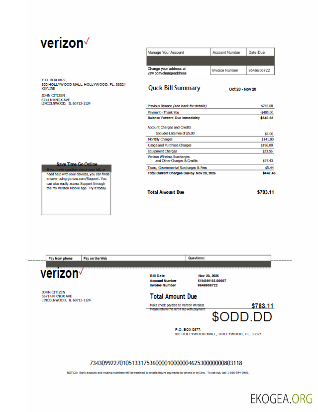 USA Verizon utility bill template in Word and PDF formats, version 2